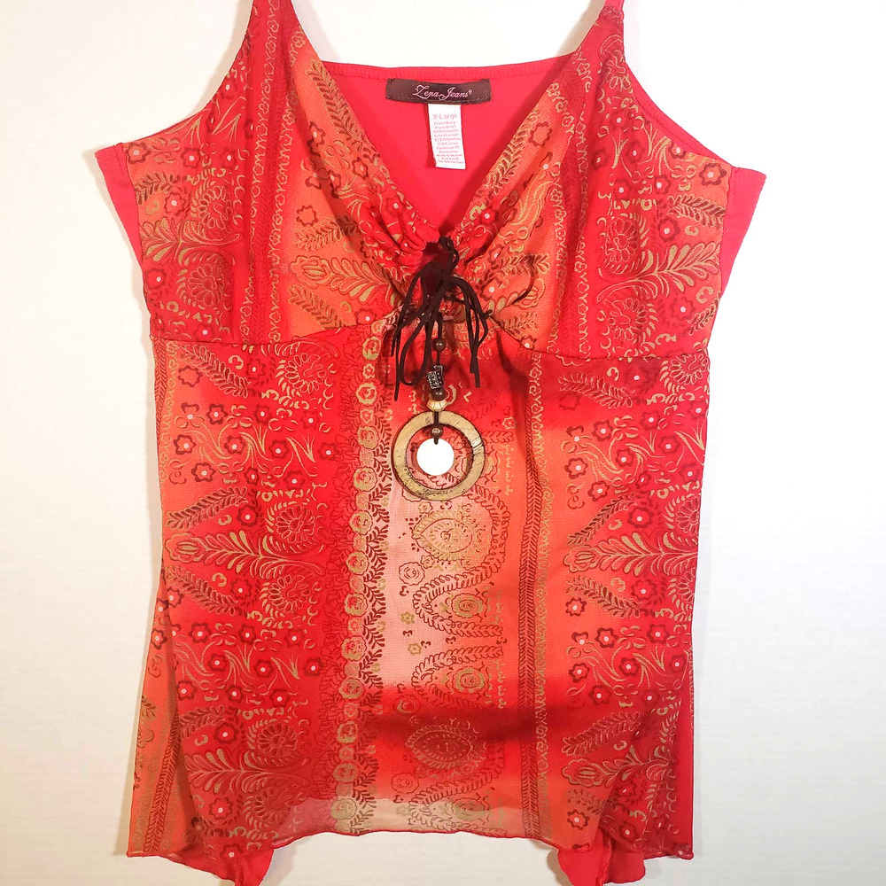 Zena Jeans Boho Red Tank Top Wood Jewel Accent XL Festival